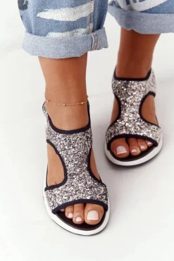 Wsuwane Sandały Na Koturnie Srebrne Z Brokatem Zoey