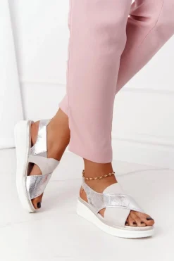 Wsuwane Sandały Na Platformie Sergio Leone SK029 Biało-Srebrne