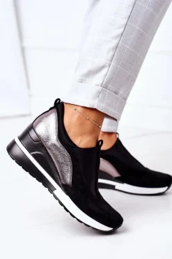 Wsuwane Sneakersy Na Koturnie Vinceza 10593 Czarno-Srebrne