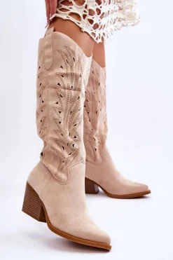 Wsuwane Zamszowe Ażurowe Kozaki Beżowe Elavi
