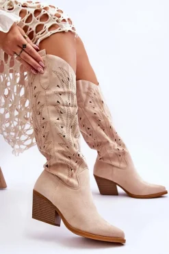 Wsuwane Zamszowe Ażurowe Kozaki Beżowe Elavi
