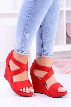 Wygodne Damskie Czerwone Sandały Koturny Mirabet