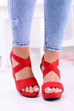Wygodne Damskie Czerwone Sandały Koturny Mirabet