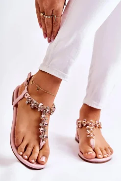 Wygodne Damskie Sandały Japonki Z Ozdobami Różowe Briven