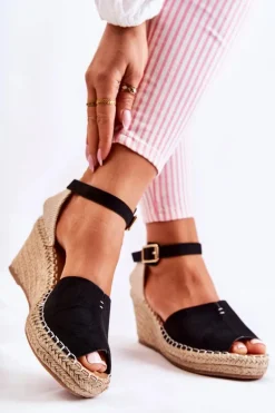 Wygodne Damskie Sandały Na Koturnie Czarne Dellia