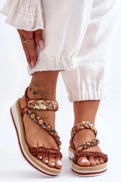 Wygodne Damskie Sandały Na Koturnie Brązowe Jodie