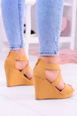 Wygodne Damskie Żółte Sandały Koturny Mirabet