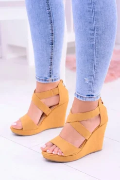 Wygodne Damskie Żółte Sandały Koturny Mirabet