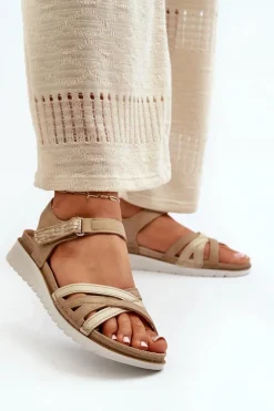 Wygodne I Lekkie Sandały Damskie Na Rzep Inblu CN000041 Beżowo-Złote