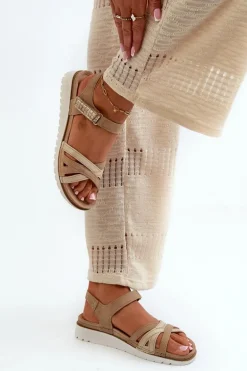 Wygodne I Lekkie Sandały Damskie Na Rzep Inblu CN000041 Beżowo-Złote