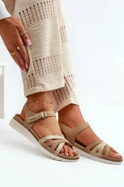 Wygodne I Lekkie Sandały Damskie Na Rzep Inblu CN000041 Beżowo-Złote