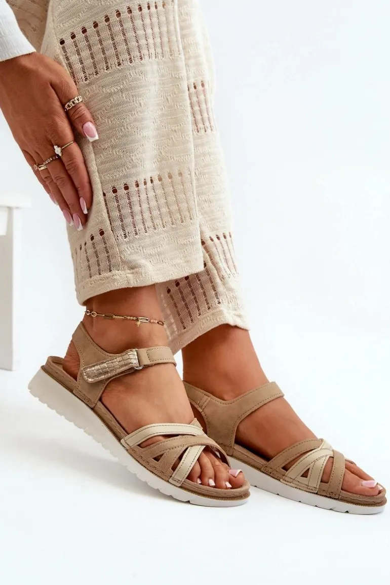 Wygodne I Lekkie Sandały Damskie Na Rzep Inblu CN000041 Beżowo-Złote