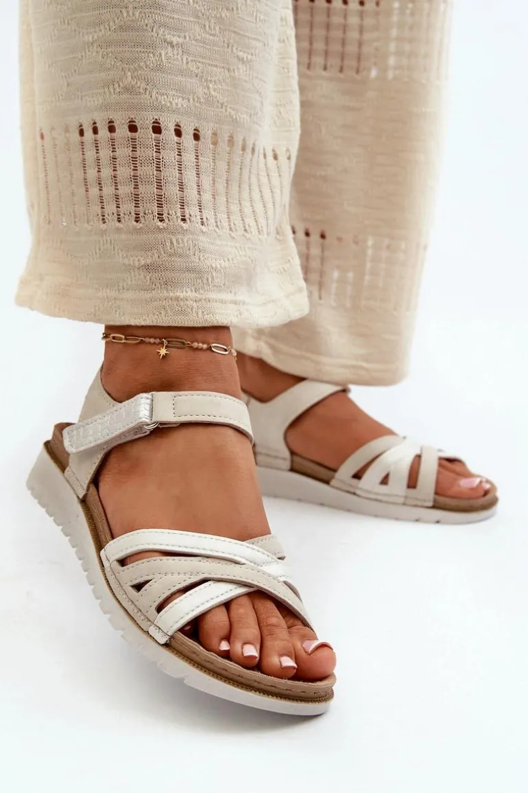 Wygodne I Lekkie Sandały Damskie Na Rzep Inblu CN000041 Beżowo-Srebrne