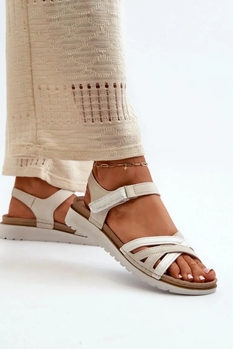 Wygodne I Lekkie Sandały Damskie Na Rzep Inblu CN000041 Beżowo-Srebrne