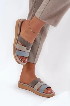 Wygodne Klapki Damskie Beżowo-Niebieskie Oxena