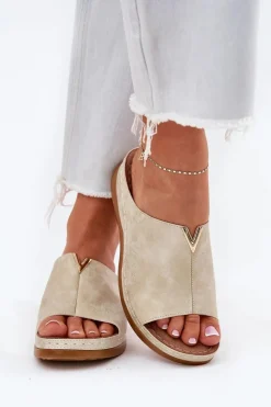 Wygodne Klapki Damskie Na Koturnie Złote Claribelle