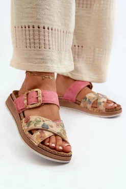 Wygodne Klapki Damskie Z Klamrą W Kwiaty Inblu GS000051 Różowe