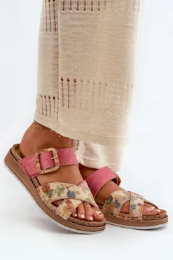 Wygodne Klapki Damskie Z Klamrą W Kwiaty Inblu GS000051 Różowe