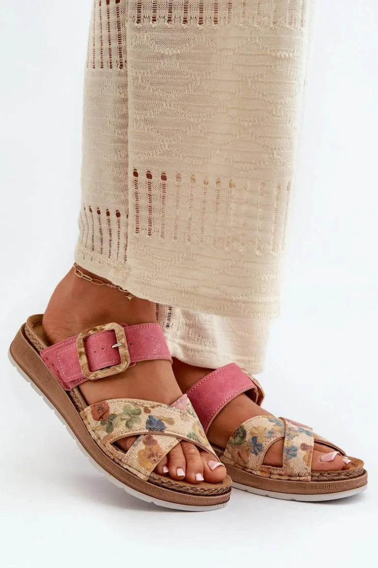 Wygodne Klapki Damskie Z Klamrą W Kwiaty Inblu GS000051 Różowe