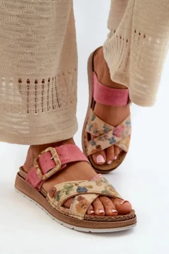 Wygodne Klapki Damskie Z Klamrą W Kwiaty Inblu GS000051 Różowe