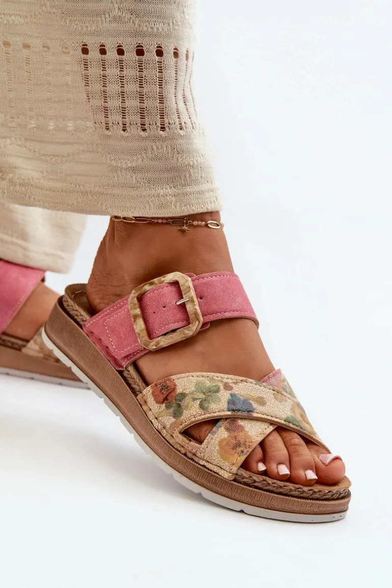 Wygodne Klapki Damskie Z Klamrą W Kwiaty Inblu GS000051 Różowe