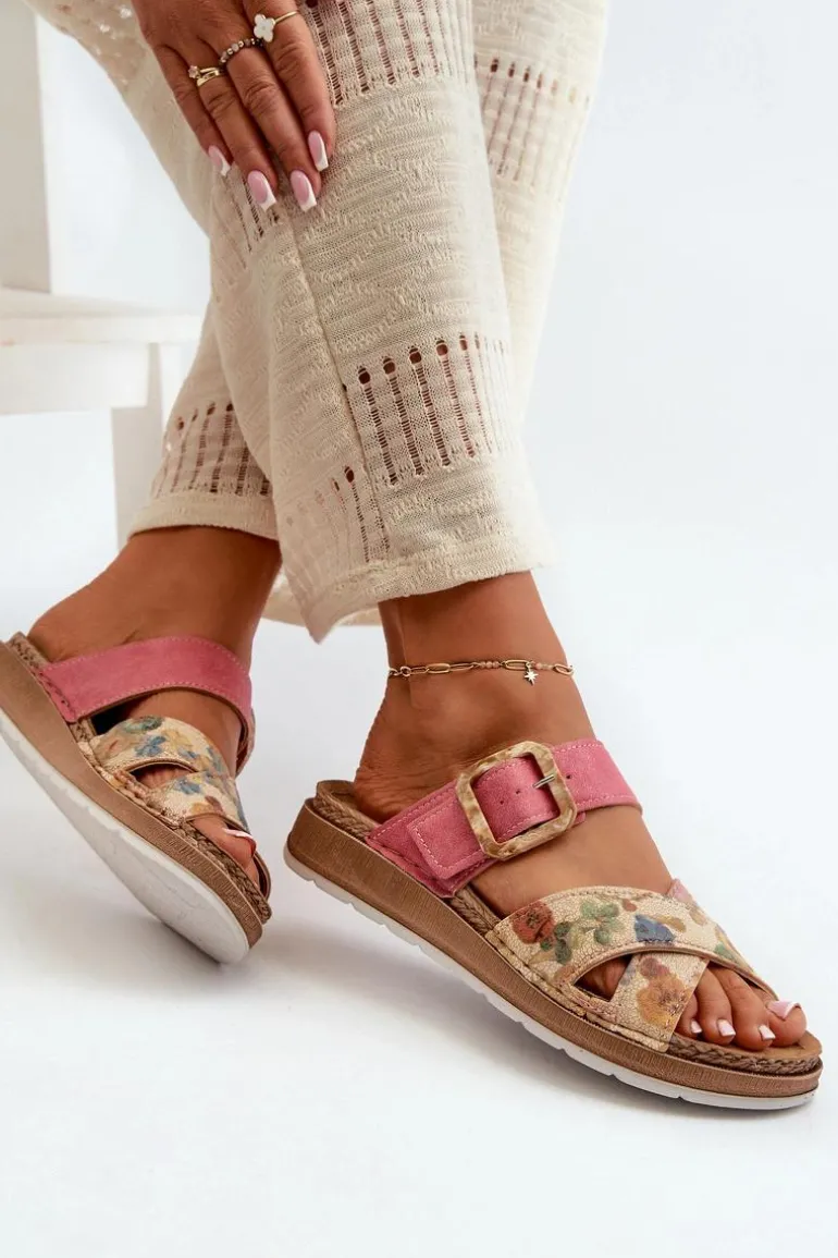 Wygodne Klapki Damskie Z Klamrą W Kwiaty Inblu GS000051 Różowe