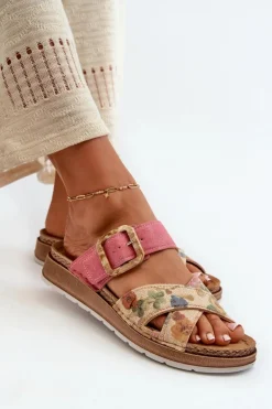 Wygodne Klapki Damskie Z Klamrą W Kwiaty Inblu GS000051 Różowe