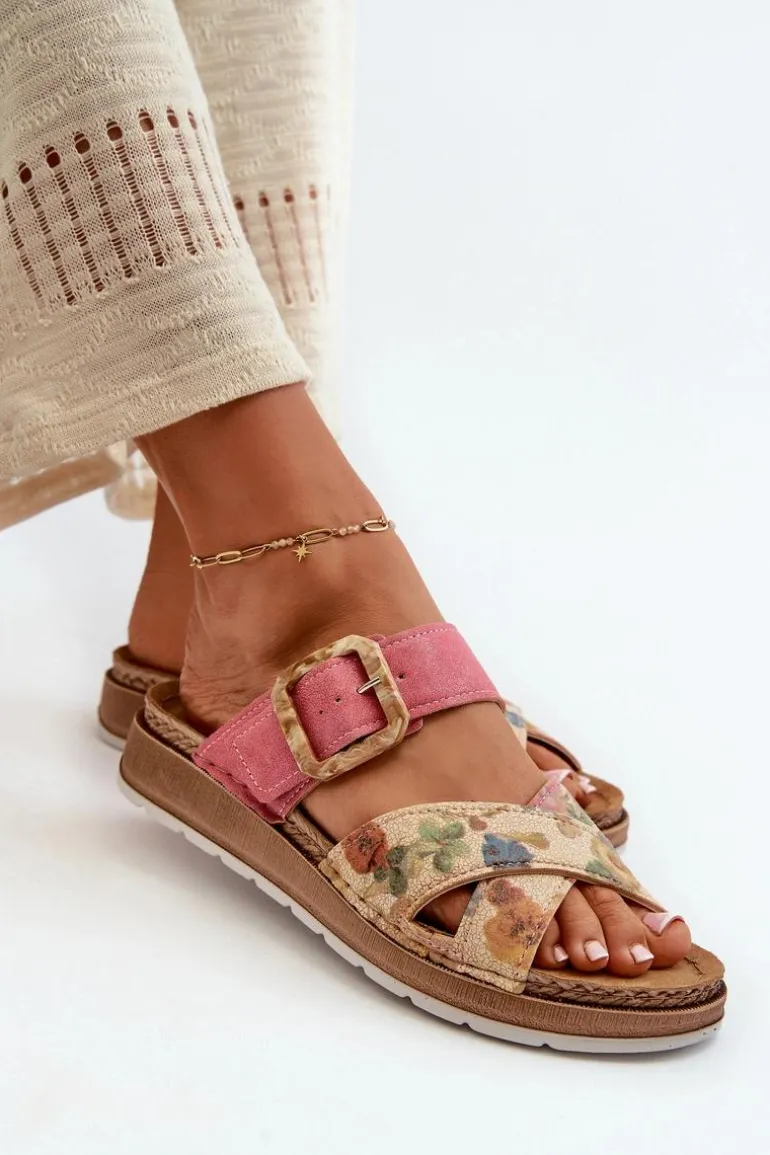 Wygodne Klapki Damskie Z Klamrą W Kwiaty Inblu GS000051 Różowe