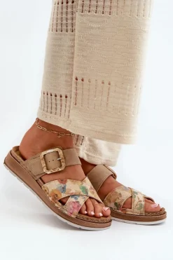 Wygodne Klapki Damskie Z Klamrą W Kwiaty Inblu GS000051 Brązowe