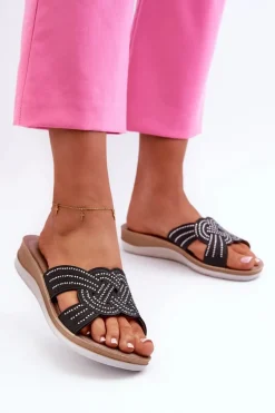 Wygodne Klapki Damskie Z Cyrkoniami Inblu BV000037 Czarne