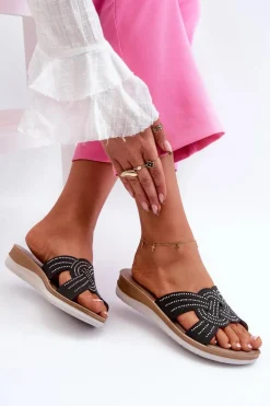 Wygodne Klapki Damskie Z Cyrkoniami Inblu BV000037 Czarne