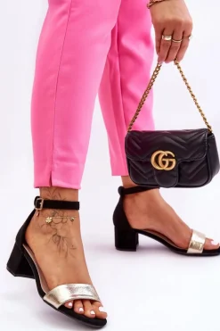 Wygodne Sandały Na Niskim Obcasie Czarno-Złote Layna