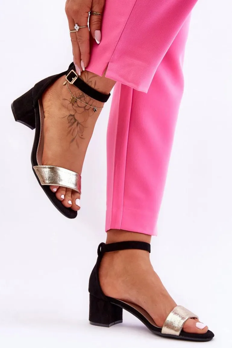 Wygodne Sandały Na Niskim Obcasie Czarno-Złote Layna