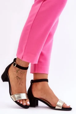 Wygodne Sandały Na Niskim Obcasie Czarno-Złote Layna