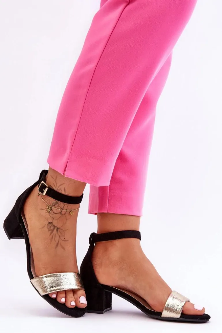 Wygodne Sandały Na Niskim Obcasie Czarno-Złote Layna