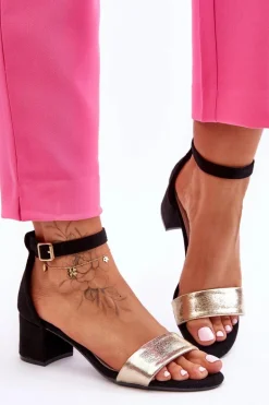 Wygodne Sandały Na Niskim Obcasie Czarno-Złote Layna