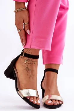 Wygodne Sandały Na Niskim Obcasie Czarno-Złote Layna