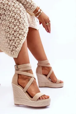 Wygodne Sandały Na Wysokim Koturnie Beżowe Lemira