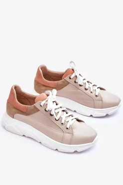 Wygodne Skórzane Buty Sportowe Na Platformie Beżowe Alisane