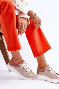 Wygodne Skórzane Buty Sportowe Na Platformie Beżowe Alisane