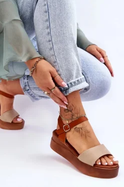 Wygodne Skórzane Sandały Na Koturnie Beżowo-Brązowe Tifena