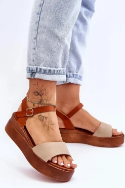 Wygodne Skórzane Sandały Na Koturnie Beżowo-Brązowe Tifena