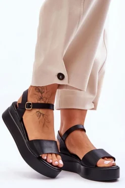 Wygodne Skórzane Sandały Na Koturnie Czarne Tifena