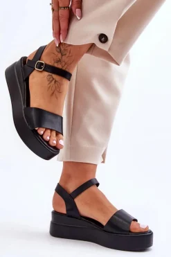 Wygodne Skórzane Sandały Na Koturnie Czarne Tifena