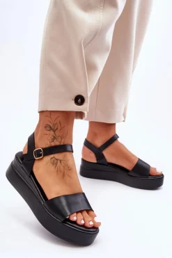Wygodne Skórzane Sandały Na Koturnie Czarne Tifena