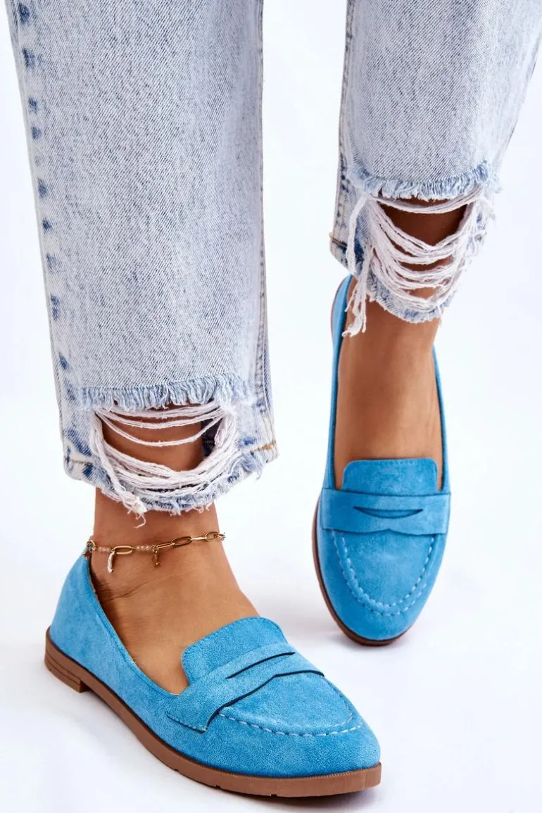 Wygodne Zamszowe Damskie Mokasyny Niebieskie Lucca