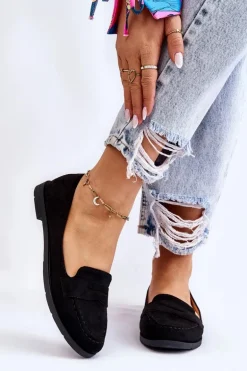 Wygodne Zamszowe Damskie Mokasyny Czarne Lucca