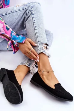 Wygodne Zamszowe Damskie Mokasyny Czarne Lucca