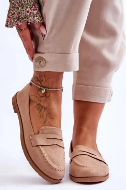 Wygodne Zamszowe Damskie Mokasyny Ciemnobeżowe Lucca