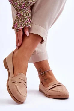 Wygodne Zamszowe Damskie Mokasyny Ciemnobeżowe Lucca